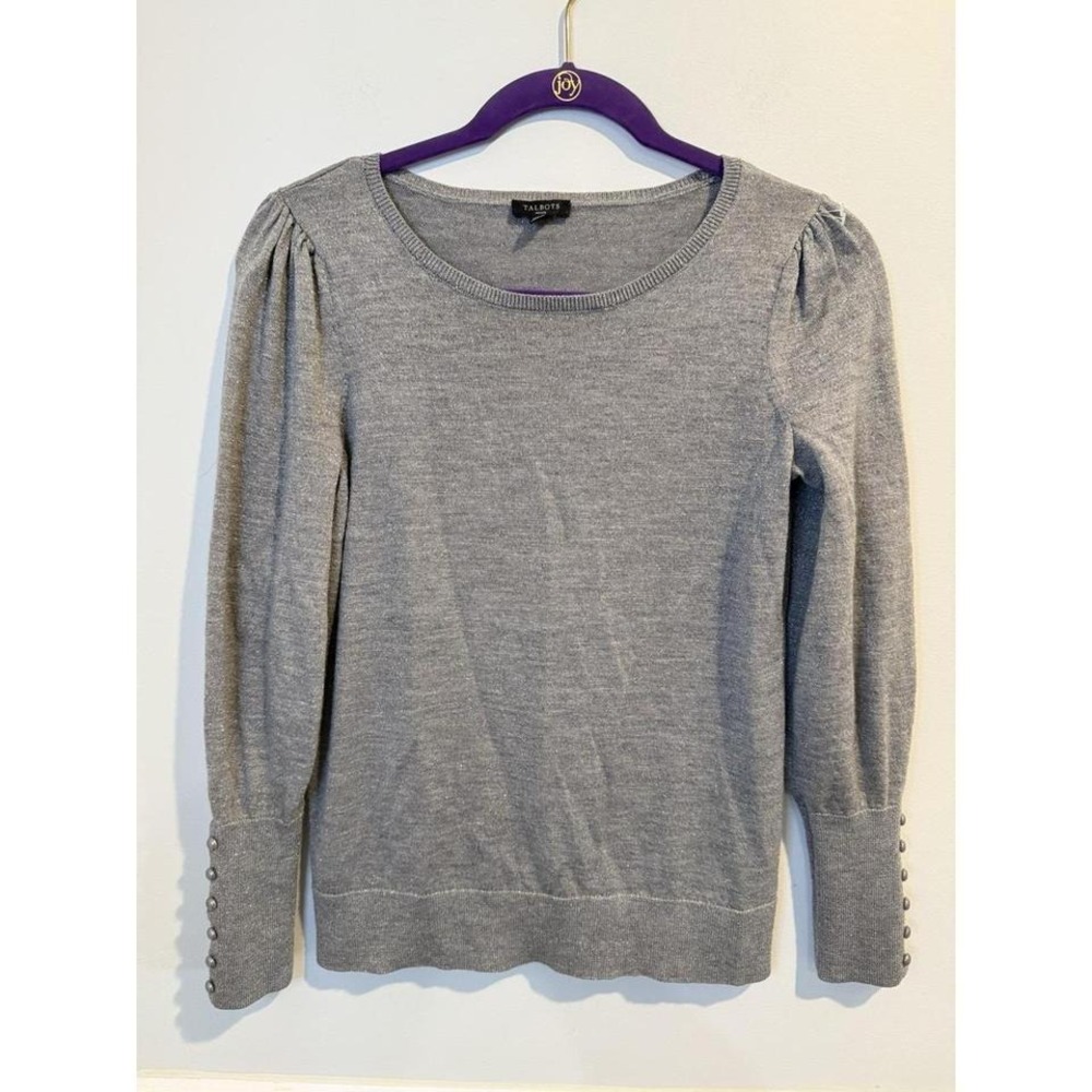 Talbots Sweater Womens Petite Gray Metallic Puff Sleeve Button Cuff Pullover